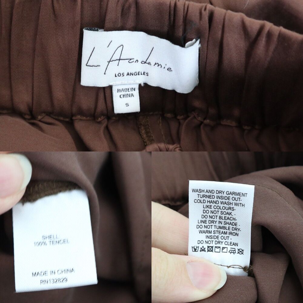 L'Academie Size S Pajama Pant Brown Tencel Satin Pull On Wide Leg - Picture 4 of 10